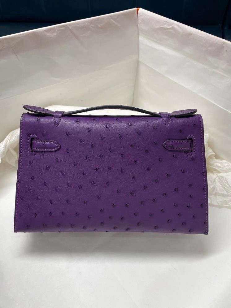 Hermes Mini Kelly Pochette 22cm Bag In Violet Ostrich Leather